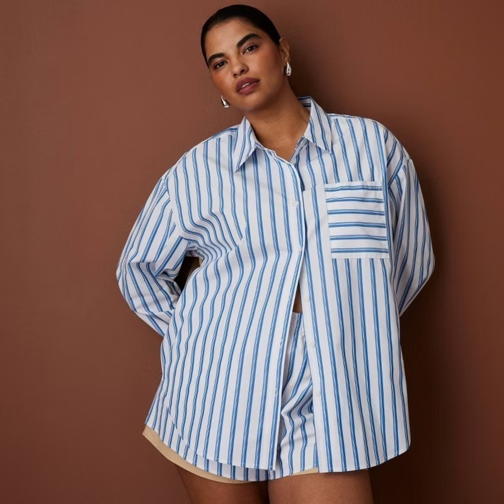 Rosie Assoulin Target L Large LS Oversized Poplin Button-Down Striped Shirt Blue - Picture 5 of 11